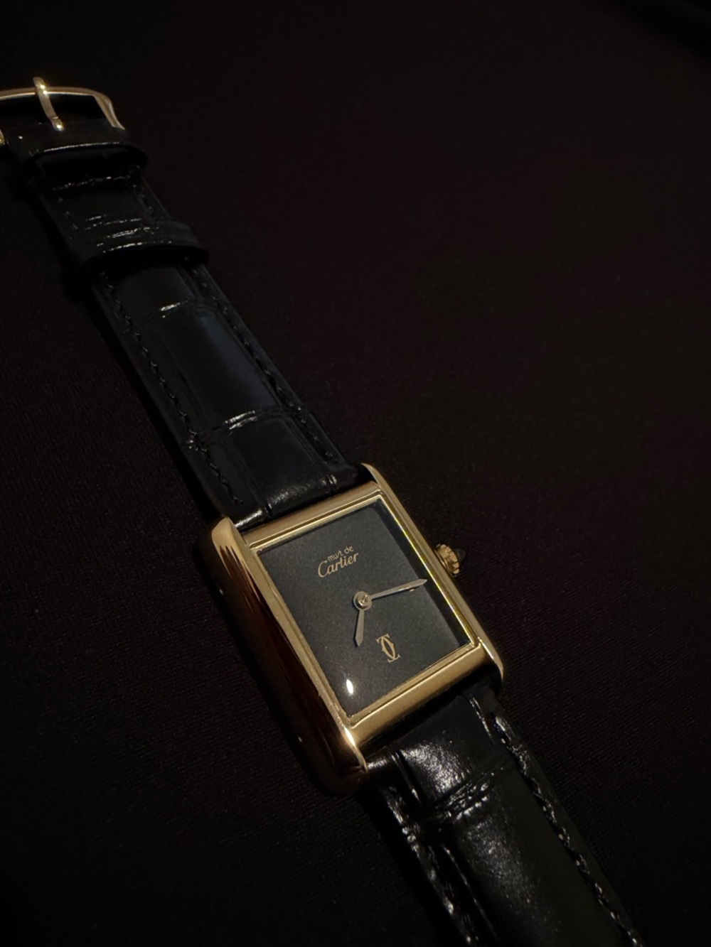 Cartier Tank-Style Gold Tone Watch with Black Dial and Leather Strap Small Size